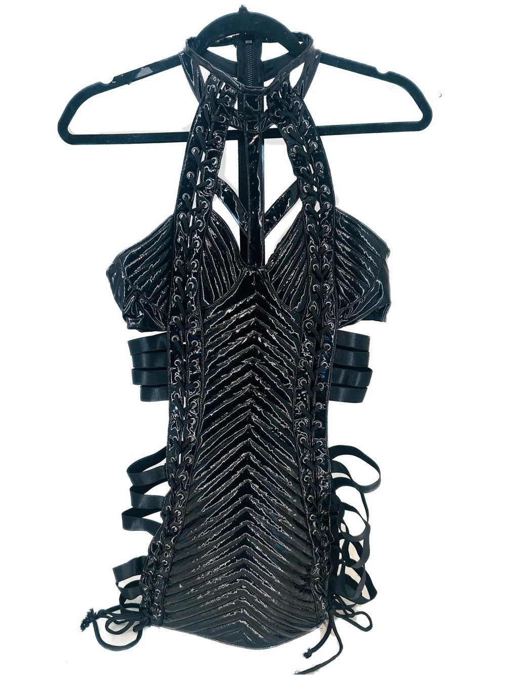 Dolls Kill, small, black hologram, strappy, sexy mini dress